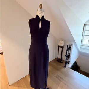 Vintage Mandarin Collar Midi Dress in Deep Navy